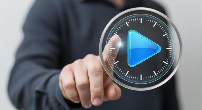 Human finger pressing a Play button hovering in the air, media, entertainment, and technology concept photo