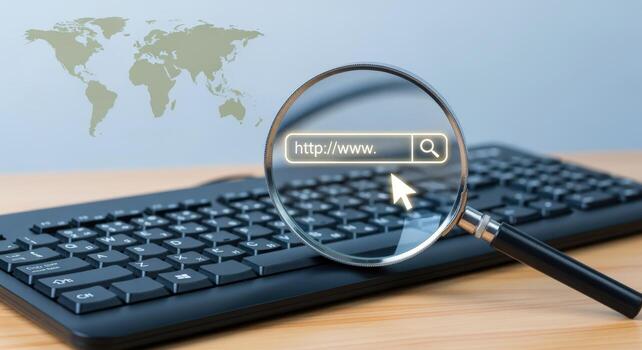 World Wide Web Search Concept Magnifying Glass on Keyboard with Website Address and Global Map photo