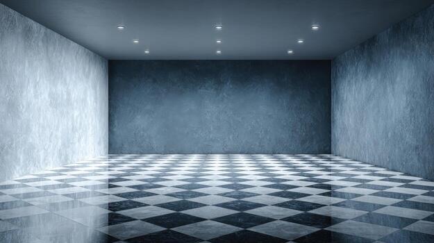 Abstract Empty Interior with Checkerboard Floor and Textured Walls, Modern Architectural Space photo