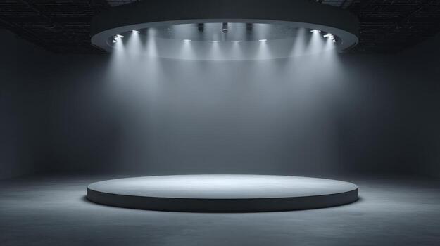 Empty Round Stage Platform with Spotlights Shining Down, Perfect for Product Display and Presentation photo