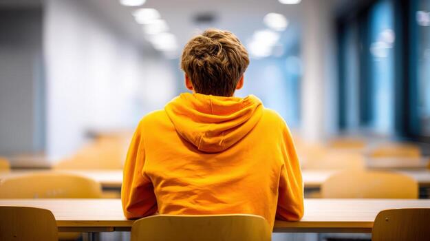 Student in Orange Hoodie Sitting Alone in Empty Classroom, Back View, Focus on Learning photo