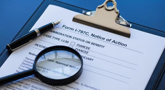 Immigration Form I-797C Notice of Action Close-Up with Pen and Magnifying Glass on Clipboard photo