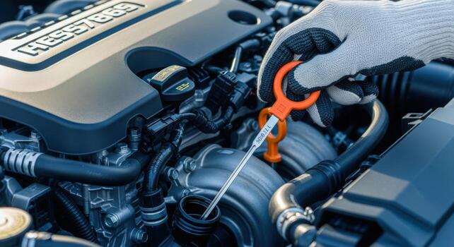 Mechanic Checking Car Engine Oil Level with Dipstick During Vehicle Maintenance and Servicing Procedure photo