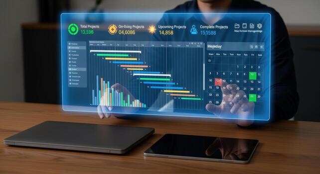 Interactive Project Management Dashboard Displayed on Transparent Screen for Modern Business Analytics and Strategic Planning photo