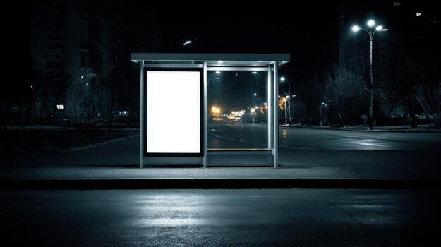 Illuminated Bus Stop Advertisement Display at Night with Empty White Billboard in Urban Setting photo