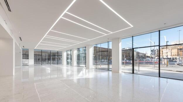 Bright and Modern Empty Office Space with Large Windows and Reflective Floor photo