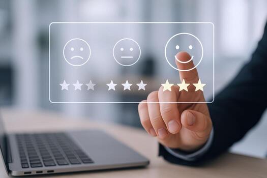 Customer Feedback Interface with Hand Touching Positive Emotion, Representing Satisfaction on a Digital Display photo