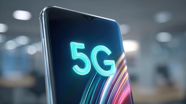 Modern smartphone displaying 5G network connectivity with a bright screen and sleek design for technology promotion photo