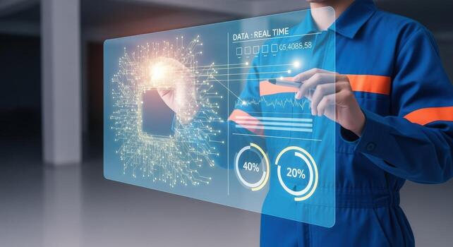 Technician Interacting with Futuristic Interface Displaying Real Time Data, Charts, and Analytics for System Monitoring photo