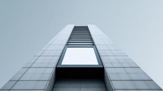 Modern Architecture Upward View of a Contemporary Skyscraper Against a Clear Sky, Showcasing Urban Design photo