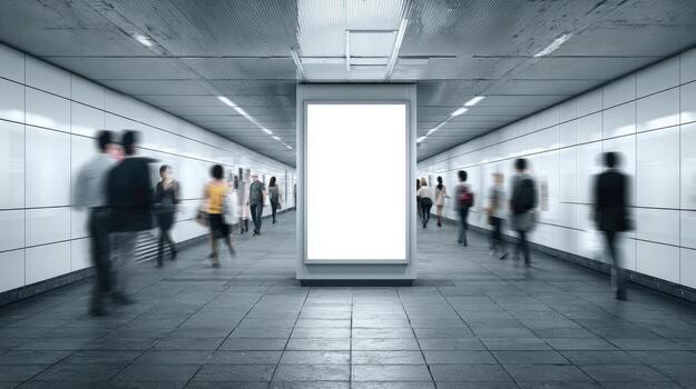 Blank Billboard Mockup in Subway Tunnel with Commuters Passing By, Advertising Template in Urban Setting photo