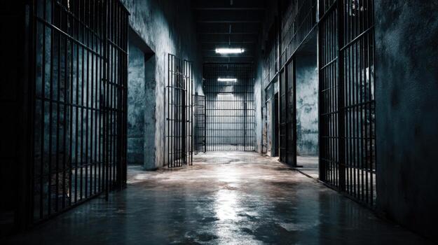 Gloomy Jail Corridor with Cells A Dark and Atmospheric Interior Perspective of Confinement photo