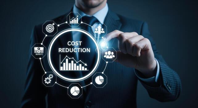 Cost Reduction Strategies Business Professional Interacting with Virtual Interface to Optimize Financial Efficiency photo