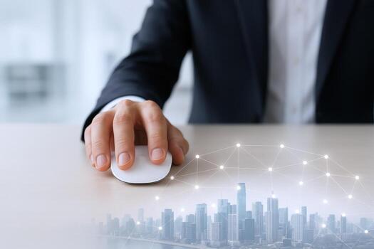 Businessman navigating digital transformation, innovation, and connectivity using a wireless mouse in the modern office photo