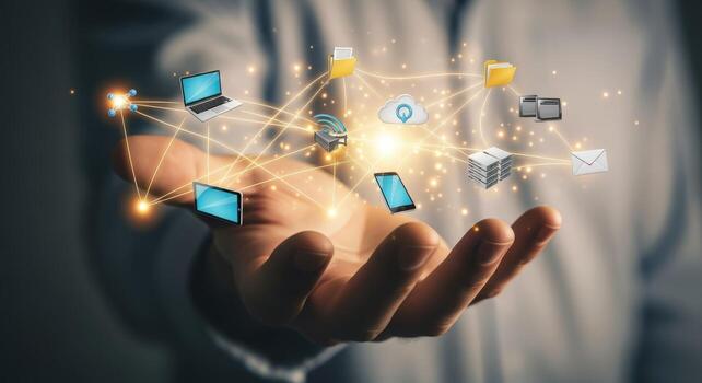 Cloud Technology Concept Man Holding Holographic Interface with Connected Devices and Data Visualization photo