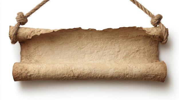 Antique Parchment Scroll Hanging from Rope, Ideal for Medieval Themes and Message Presentation photo