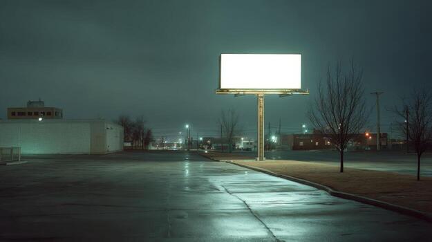 Illuminated Billboard at Night in Empty Parking Lot, Ready for Advertising Copy and Messages photo