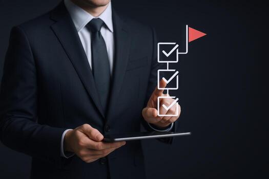 Businessman Using Tablet with Digital Checklist and Target Goal, Illustrating Project Management and Achievement photo