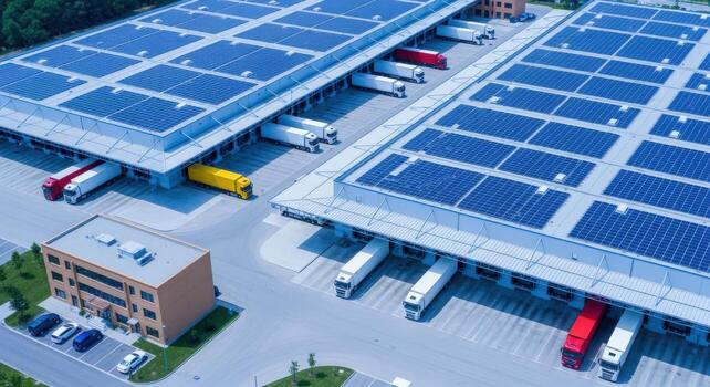 Distribution Warehouse with Solar Panels on Roofs, Trucks Loading and Unloading, Sustainable Energy photo