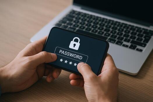 Entering Password on Smartphone with Laptop in Background, Security Authentication Concept, Data Protection photo