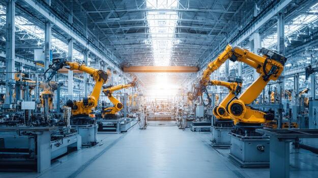 Automated Factory Production Line with Robotic Arms Performing Industrial Manufacturing and Assembly Operations photo