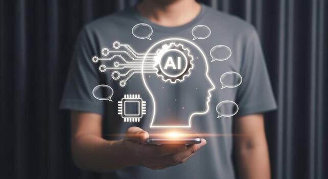 AI Technology Display Man Holds Phone with Artificial Intelligence Concept and Digital Brain Interface photo