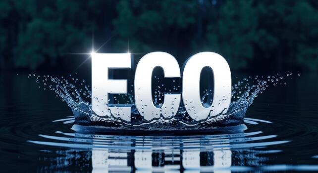 Eco-Friendly Concept Water Splashing Around ECO Text with Reflection, Clean Energy and Environmental Sustainability photo