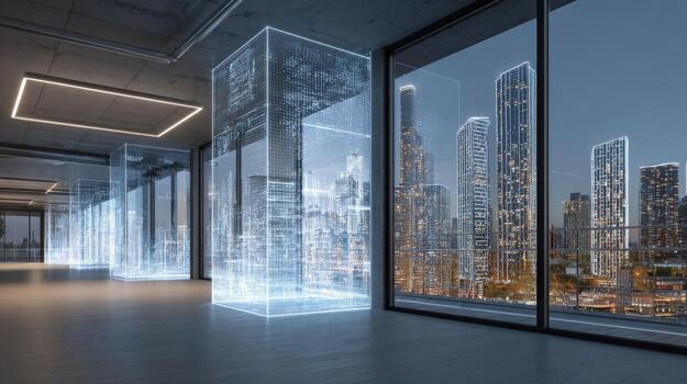 Futuristic Office Interior with Digital Cityscape Visualization and Modern Design Elements, High-Rise View photo