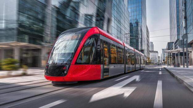 Modern Red Tramway in Motion Through the City Center, Emphasizing Speed and Urban Mobility photo