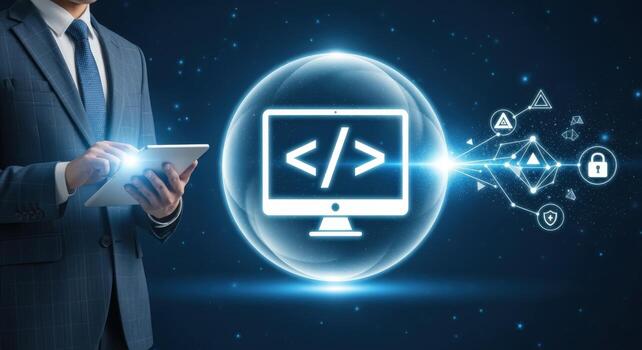 Businessman Using Digital Tablet with Coding Symbol, Representing Programming, Software Development, and Cybersecurity Concepts photo