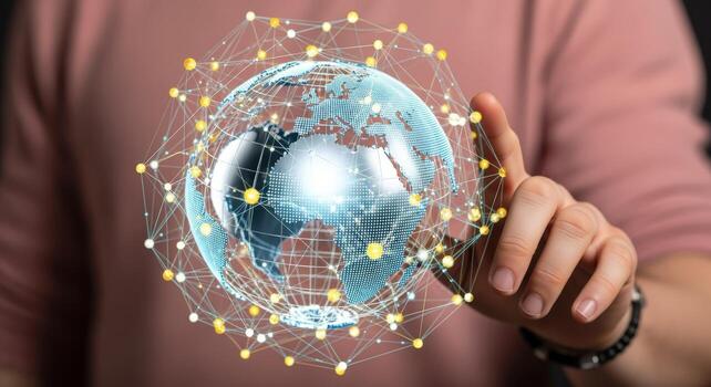 Global Network Connection Person Touching Earth Hologram Representing International Communication and Worldwide Business Technology photo