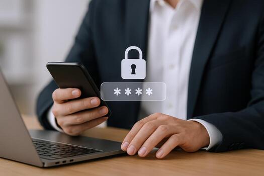 Businessman Securing Mobile Data with Password Protection on Smartphone and Laptop in Modern Office Setting photo