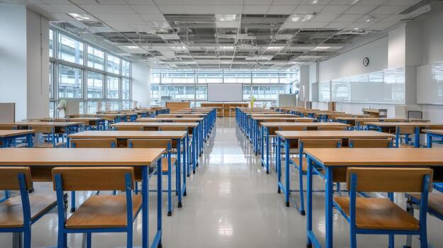 Bright, Spacious Classroom with Empty Desks Ready for Students and Academic Learning photo