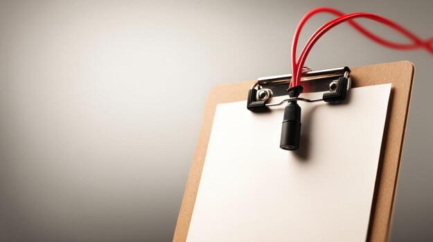 Clipboard with Blank Paper and Connected Microphone, Ideal for Podcast Recording or Interview Setup photo