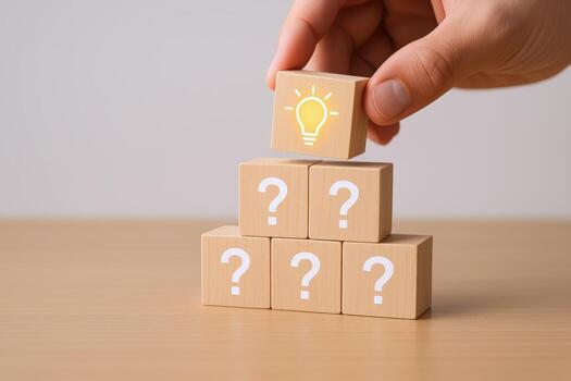 edificio ideas mano colocación bombilla bloquear encima pregunta marca bloques pirámide concepto foto