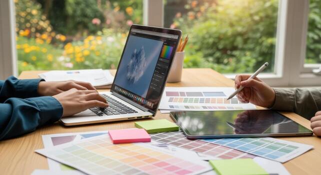 Graphic Designers Collaborating on a Creative Project with Laptop, Tablet, and Color Swatches in a Bright Office photo