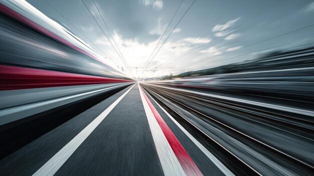 High Speed Train Motion Blur on Tracks, Abstract Transportation Background with Dramatic Sky and Perspective photo