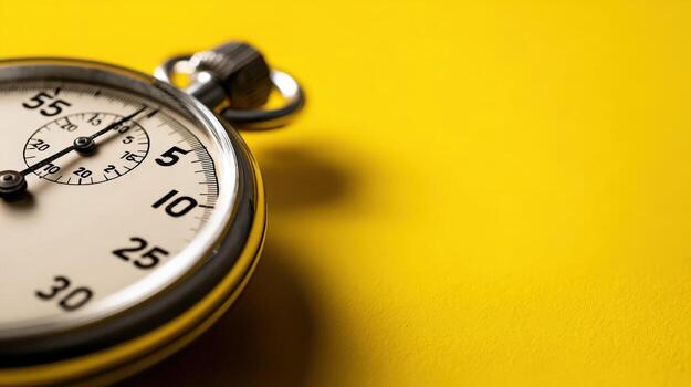 Analog Stopwatch Close-Up on Yellow Background, Depicting Time Management and Precision Measurement for Commercial Use photo