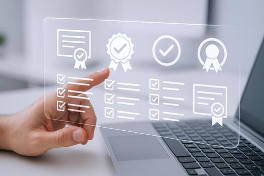 Quality Control Assurance Technology Hand Interacting with Digital Compliance Checklist on Transparent Screen over Laptop photo