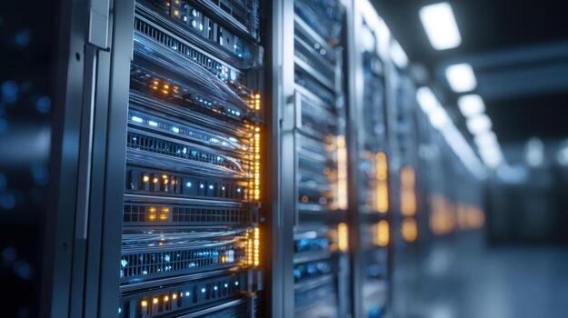 Server Room Data Center Hosting Infrastructure with Rows of Rack Servers and Network Cables photo