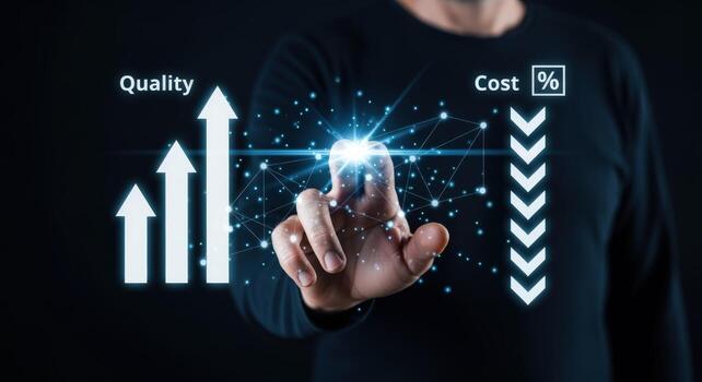 Quality Improvement and Cost Reduction Concept with Man Touching Virtual Screen Interface on Dark Background photo