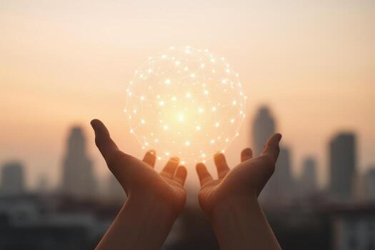 Hands Holding a Glowing Network Sphere with Cityscape Background - Technology, Connectivity, Innovation photo