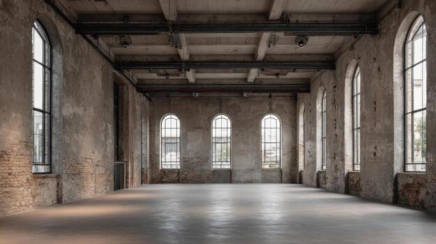 Spacious Empty Industrial Loft Interior with Concrete Walls, Arched Windows, and Polished Floor for Creative Projects photo