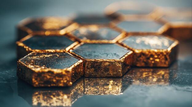 Golden Hexagon Tiles Abstract Geometric Pattern with Metallic Texture, Close-up View, Modern Design Element photo