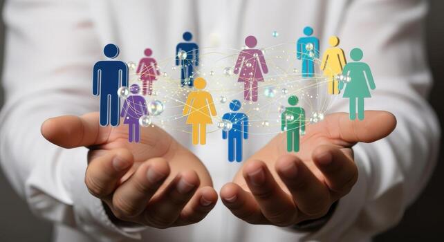 Human Connection Concept Hands Holding Diverse People Icons Representing Networking, Community, and Social Interaction photo