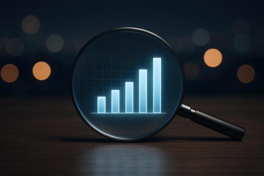 Analyzing Business Growth Magnifying Glass Focused on Upward Trend Graph, Representing Financial Analysis and Market Research photo
