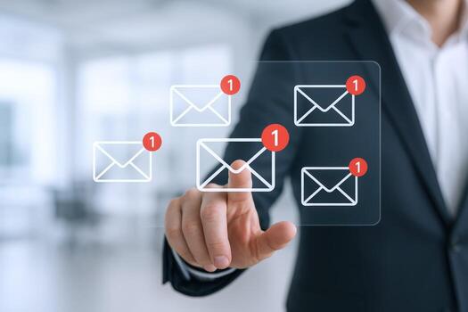 Businessman Taps Email Icons on Transparent Screen Displaying Unread Messages for Business Communication photo