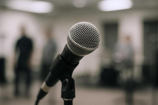 Microphone Close-Up in Conference Setting with Blurred Audience - Public Speaking, Voice Recording, Event photo
