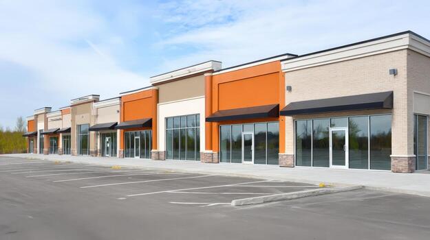 Commercial Retail Space Available Modern Storefronts with Empty Parking Lot for Lease or Development photo