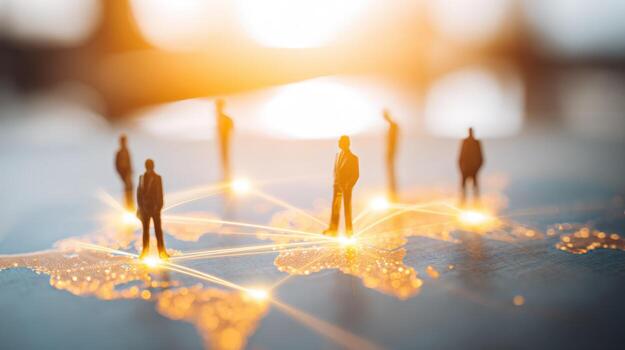 Global Network Connection Miniature Figures Standing on a World Map Representing International Business Communication photo